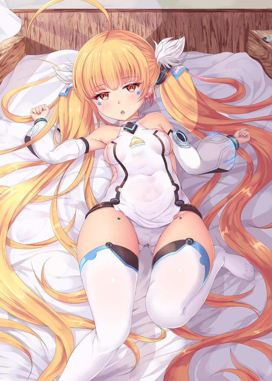 ahoge ass_visible_through_thighs azur_lane bangs bare_shoulders bed_sheet blonde_hair breasts chestnut_mouth clenched_hands covered_navel cowboy_shot detached_sleeves eldridge_(azur_lane) expressionless eyebrows_visible_through_hair facial_mark highres huge_ahoge indoors jitome knees_up labia long_hair looking_at_viewer lying medium_breasts on_back orange_eyes panties puffy_detached_sleeves puffy_sleeves shiro_usagi solo thighhighs twintails two_side_up underwear very_long_hair white_legwear white_panties
