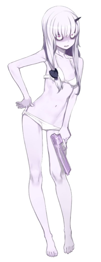 albino bags_under_eyes bangs bare_arms bare_legs bare_shoulders barefoot bikini breasts collarbone constricted_pupils fate/grand_order fate_(series) full_body gun hair_between_eyes holding horn lavender_hair lavender_skin lavinia_whateley_(fate/grand_order) long_hair navel open_mouth pink_eyes shaded_face sidelocks simple_background small_breasts solo stomach straight_hair swimsuit third-party_edit toenails underwear water_gun weapon white_background white_bikini wide-eyed