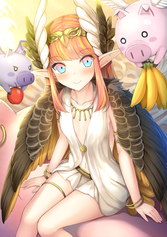 apple banana bangs bare_arms blonde_hair blue_eyes blush blush_stickers bracelet circe_(fate/grand_order) collarbone commentary demon_wings eyebrows_visible_through_hair fate/grand_order fate_(series) feathered_wings feathers flying flying_pig food fruit hair_feathers hair_ornament jewelry looking_at_viewer miniskirt multicolored multicolored_eyes multicolored_hair navel necklace pig pink_eyes pink_hair pointy_ears sitting skirt sleeveless smile solo taiki_ken white_skirt wings