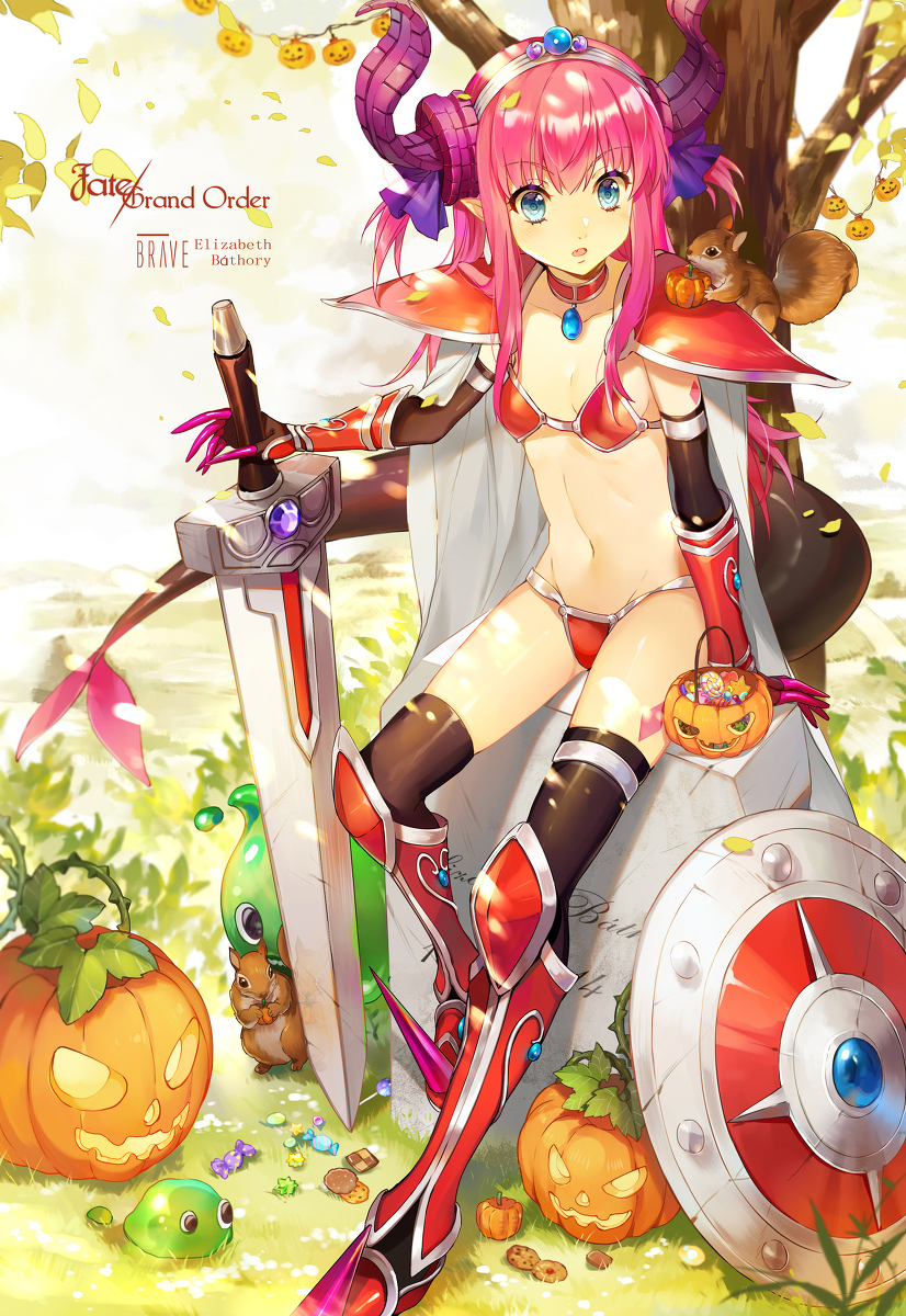 1girl animal blue_eyes boots cape cookies dragon_girl elizabeth_bathory_(brave)_(fate) fate/extra_ccc fate/grand_order fate_(series) grass grave horns lancer_(fate/extra_ccc) long_hair outdoors pauldrons pink_hair pumpkin shield slime spikes squirrel sword tagme tail text