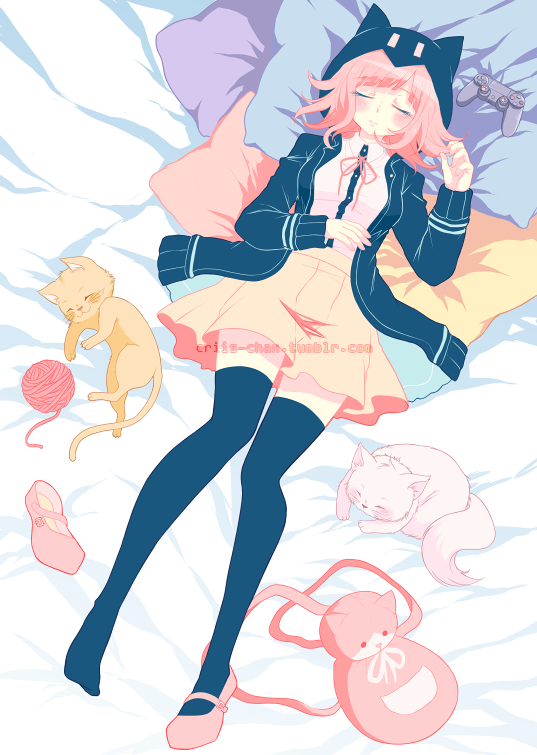 backpack bag beige_skirt black_hoodie blush cat catbag commentary controller criis-chan danganronpa full_body game_console hood hoodie jacket long_sleeves lying nanami_chiaki on_back on_bed pillow pink_footwear pink_hair pink_neckwear playstation pleated_skirt shirt shoes shoes_removed short_hair skirt sleeping super_danganronpa_2 thighhighs white_bed_sheet white_shirt
