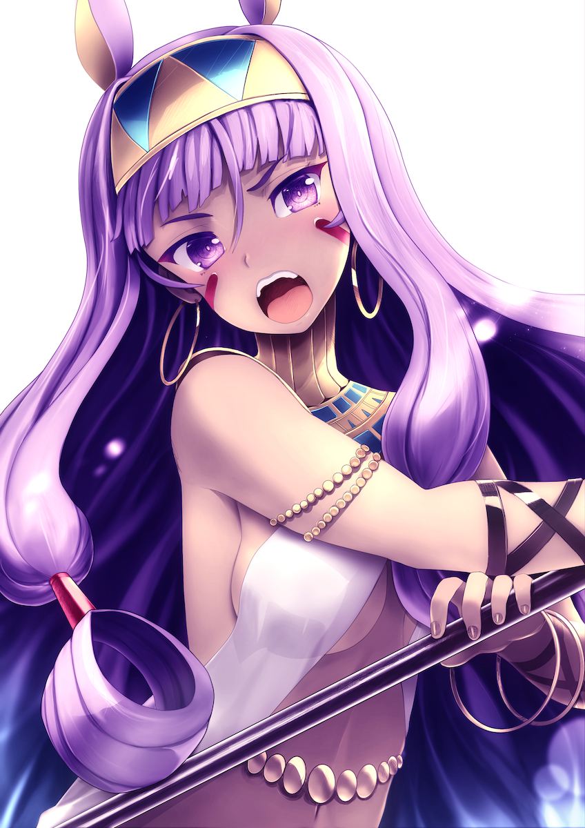 1girl animal_ears bangs bare_arms breasts commentary_request dark_skin earrings facial_mark fate/grand_order fate_(series) hairband highres holding hoop_earrings jackal_ears jewelry large_breasts long_hair looking_at_viewer navel nitocris_(fate/grand_order) open_mouth purple_eyes purple_hair sidelocks simple_background solo tranquillianusmajor upper_body upper_teeth very_long_hair white_background