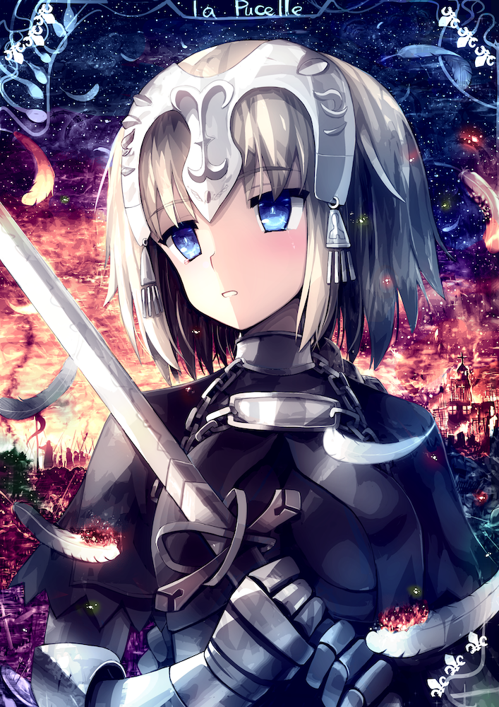 1girl armor armored_dress bangs blue_eyes breasts burning chains commentary_request eyebrows_visible_through_hair fate_(series) feathers fire gauntlets hair_ornament headpiece holding holding_sword holding_weapon jeanne_d'arc_(fate) jeanne_d'arc_(fate)_(all) looking_to_the_side medium_breasts short_hair silver_hair sky solo star sword tearing_up teeth tranquillianusmajor translation_request upper_body weapon white_feathers