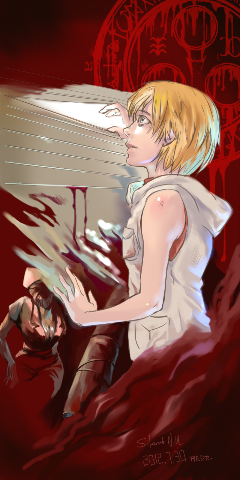 bad_id bad_pixiv_id blonde_hair breasts bubble_head_nurse heather_mason highres jacket multiple_girls red9 short_hair silent_hill silent_hill_2 silent_hill_3 sleeveless sleeveless_turtleneck turtleneck vest wristband