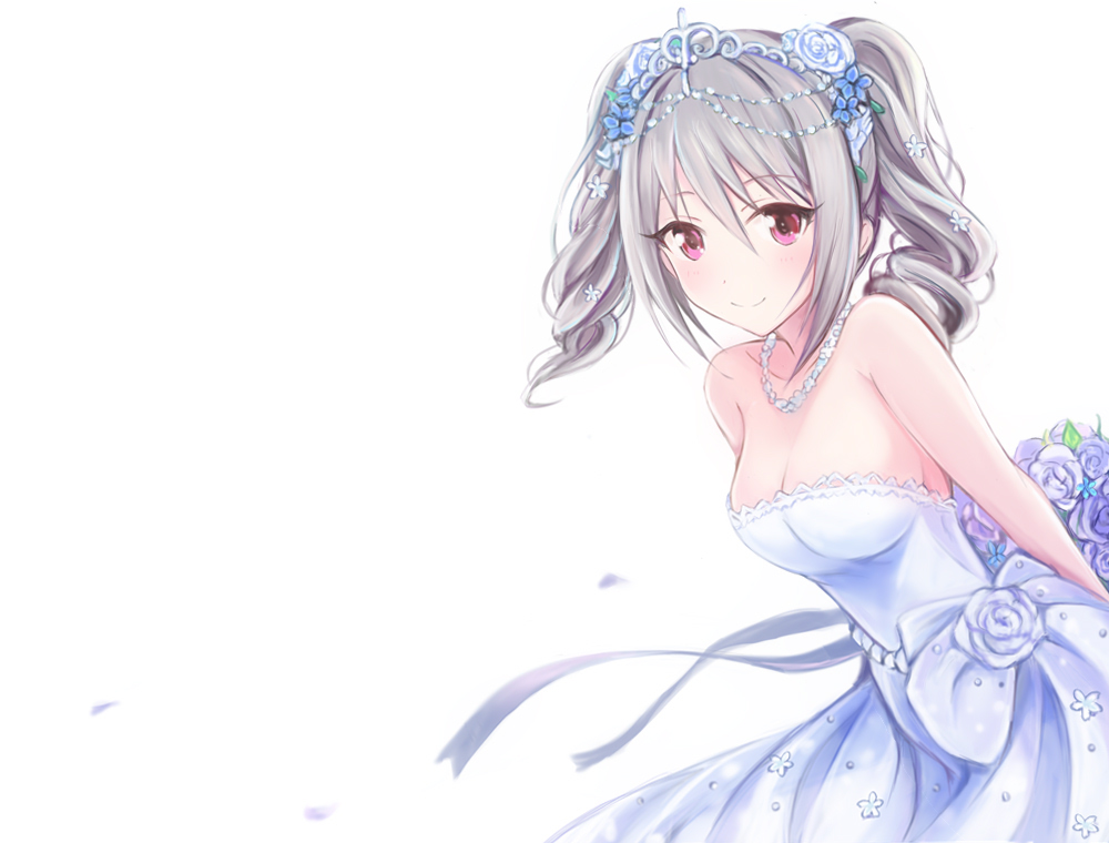 arms_behind_back blue_flower bouquet breasts cleavage collarbone diadem dress drill_hair eyebrows_visible_through_hair flower hair_between_eyes hair_flower hair_ornament holding holding_bouquet idolmaster idolmaster_cinderella_girls jewelry kanzaki_ranko leaning_forward long_hair looking_at_viewer medium_breasts nannacy7 necklace red_eyes ribbon silver_hair sleeveless sleeveless_dress smile strapless strapless_dress twin_drills wedding_dress white_background white_dress white_flower white_ribbon