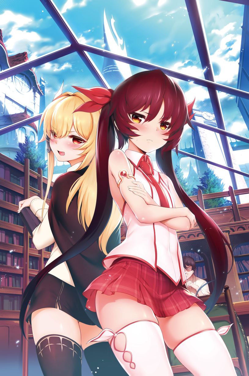 2boys :d armlet black_legwear blonde_hair blue_sky blush bookshelf cape character_request cloud crossed_arms day ester_fitz_clarence eyebrows_visible_through_hair fang frown hair_ribbon highres indoors long_hair looking_at_viewer m-da_s-tarou multiple_boys official_art open_mouth orange_eyes otoko_no_ko red_eyes red_hair ribbon skindentation skirt sky smile tanaka_the_wizard thighhighs twintails very_long_hair white_legwear