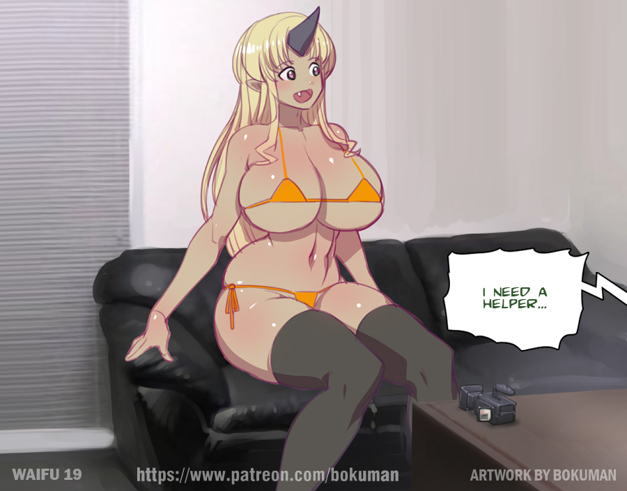 1girl belly bikini blonde_hair bokuman breasts camera couch desk eyebrows horn long_hair monster_girl monster_musume_no_iru_nichijou open_mouth sitting stomach swimsuit text_focus tionishia