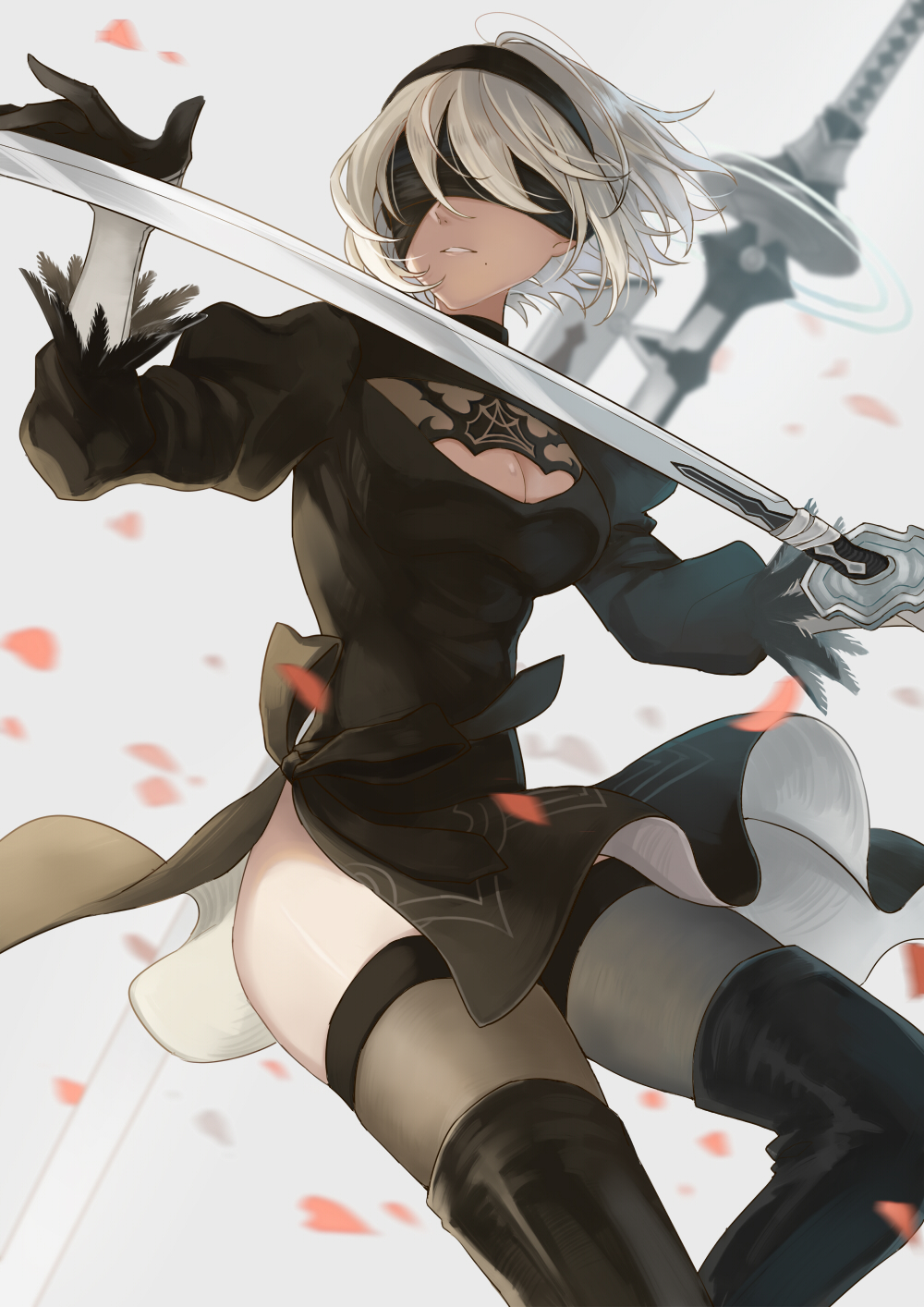 black_blindfold black_dress black_footwear black_gloves black_legwear blindfold blurry blurry_background blurry_foreground boots bow breasts cleavage cleavage_cutout commentary dress facing_viewer feather-trimmed_sleeves feet_out_of_frame fighting_stance floating_clothes gloves hair_over_eyes hairband hand_on_sword highres hips holding holding_sword holding_weapon juliet_sleeves katana large_breasts long_sleeves messy_hair mole mole_under_mouth multicolored multicolored_clothes multicolored_gloves nier_(series) nier_automata parted_lips petals puffy_sleeves shioha short_hair side_slit solo summoning sword teeth thigh_boots thighhighs weapon weapon_request white_background white_gloves white_hair yorha_no._2_type_b