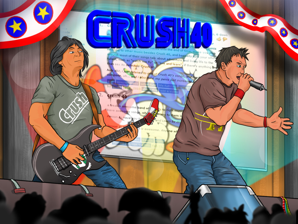 banner black_hair brown_eyes concert crowd crush40 dictionary electric_guitar green_eyes group_name guitar instrument johnny_gioeli logo logo_parody microphone multiple_boys music playing_instrument profanity real_life rock_band senoue_jun silhouette singing sonic sonic_the_hedgehog stage stage_lights