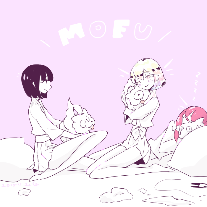 androgynous black_eyes black_hair cojimama dated diamond_(houseki_no_kuni) houseki_no_kuni multicolored_hair multiple_others obsidian_(houseki_no_kuni) one_eye_closed pajamas pillow pink_hair purple_background red_beryl_(houseki_no_kuni) shiro_(houseki_no_kuni) short_hair signature sleeping smile sparkle