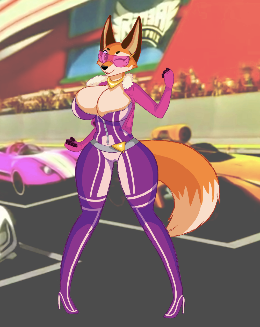 anthro belt big_breasts bodysuit breasts canid canine car clothing cocaine-leopard eyewear female fox glasses happy jewelry long_legs mammal meika_(rimba_racer) necklace one_eye_closed pigeon_toed race_track rimba_racer skin_suit skinsuit smile solo tight_clothing unzipped vehicle wink