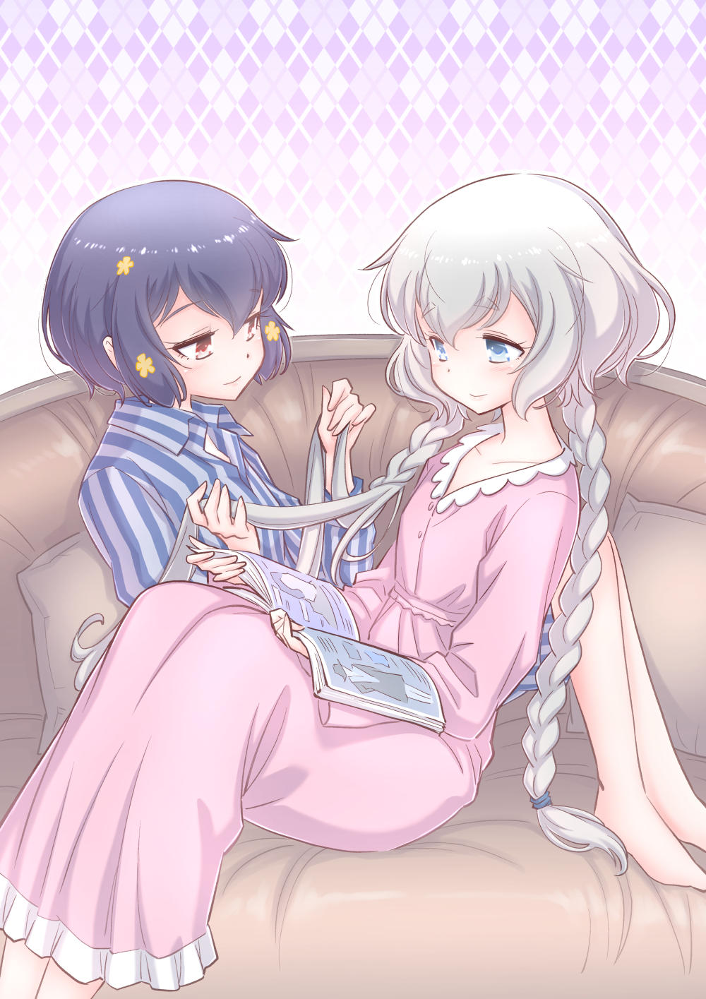 2girls barefoot black_hair blue_eyes braid braiding_hair commentary_request couch dress hairdressing highres konno_junko leaning_back long_hair low_twintails magazine mizuno_ai multiple_girls nightgown pajamas pillow pink_dress reading red_eyes short_hair silver_hair sitting sleepwear smile striped striped_pajamas studiozombie twin_braids twintails very_long_hair zombie_land_saga