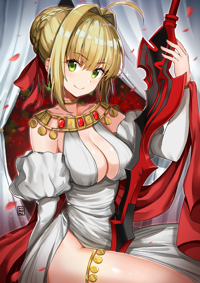 aestus_estus arm_at_side artist_name bangs bare_shoulders blonde_hair blush braid breasts choker cleavage closed_mouth collarbone curtains detached_sleeves earrings eyebrows_visible_through_hair fate/grand_order fate_(series) green_eyes hair_bun hair_ribbon hand_up hiroki_(hirokiart) jewelry juliet_sleeves large_breasts long_sleeves looking_at_viewer nero_claudius_(fate) nero_claudius_(fate)_(all) pelvic_curtain petals puffy_sleeves red_ribbon ribbon shiny shiny_hair short_hair shoulder_necklace sidelocks sitting smile solo sparkle thigh_strap thighs