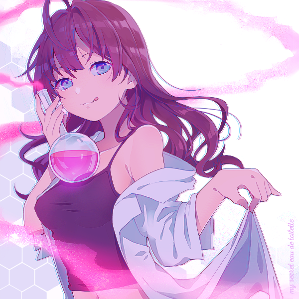 :q ahoge bangs bare_shoulders blue_eyes bottle brown_hair commentary english french hexagon holding holding_bottle honeycomb_(pattern) honeycomb_background ichinose_shiki idolmaster idolmaster_cinderella_girls labcoat long_hair looking_at_viewer midriff navel off_shoulder potion round-bottom_flask solo song_name spaghetti_strap tank_top text_focus tongue tongue_out uso_(ameuzaki) wavy_hair white_background