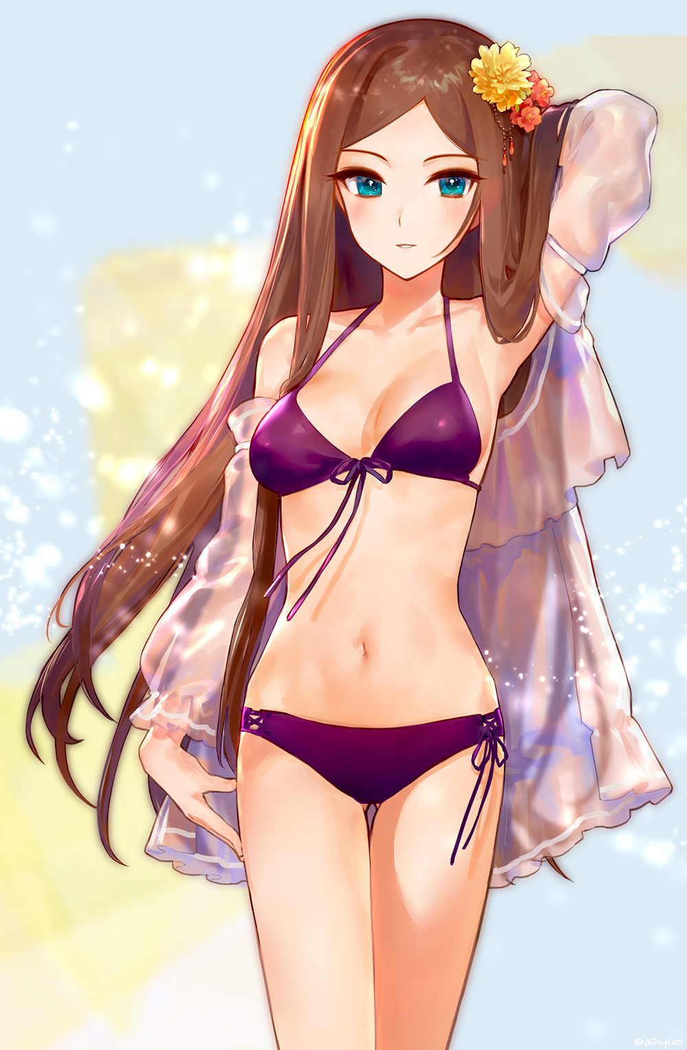 1girl ainy77 arm_up armpits artist_name bikini blue_background blush brown_hair commentary_request cowboy_shot flower front-tie_bikini front-tie_top green_eyes hair_flower hair_ornament halterneck hand_in_hair highres idolmaster idolmaster_cinderella_girls light_particles long_hair long_sleeves looking_at_viewer matsuyama_kumiko navel orange_flower parted_lips purple_bikini see-through solo standing stomach swimsuit thighs twitter_username very_long_hair yellow_flower