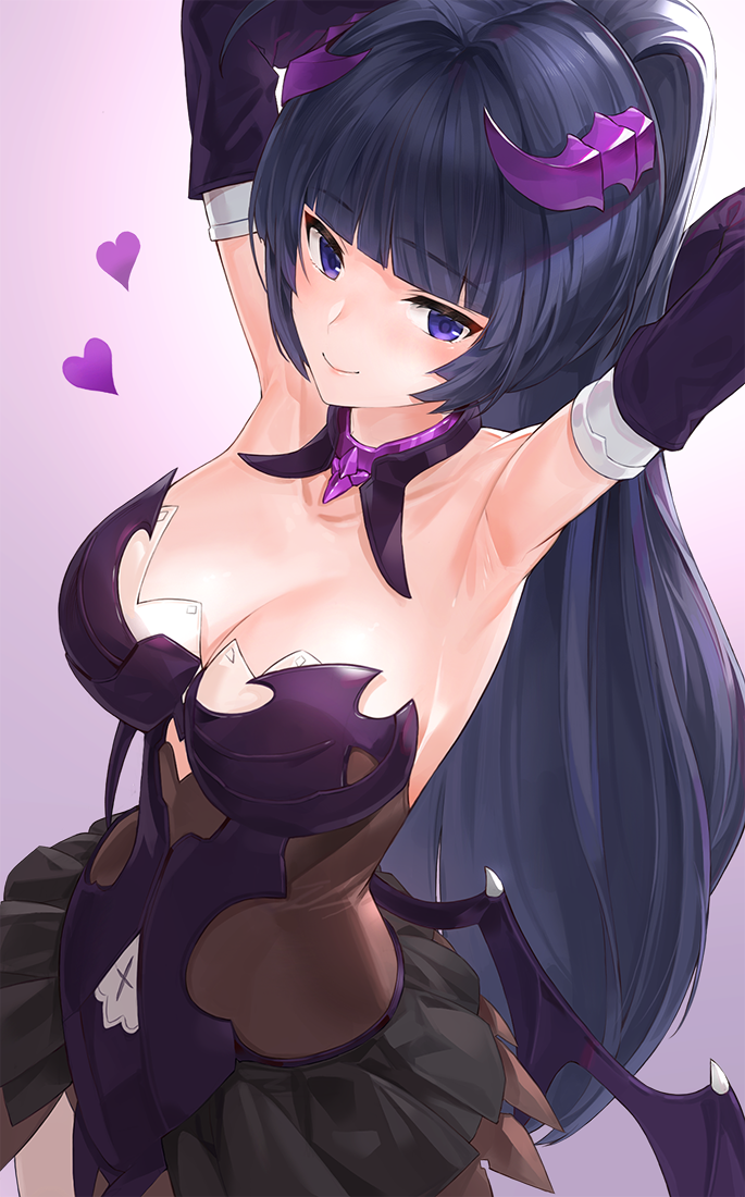 1girl armpits arms_up bangs bare_shoulders black_hair black_skirt blue_eyes blunt_bangs breasts brown_dress cleavage closed_mouth collarbone detached_collar detached_sleeves dress has_bad_revision heart honkai_(series) honkai_impact_3 horns kfr large_breasts long_hair looking_at_viewer miniskirt ponytail raiden_mei skirt smile solo standing upper_body very_long_hair