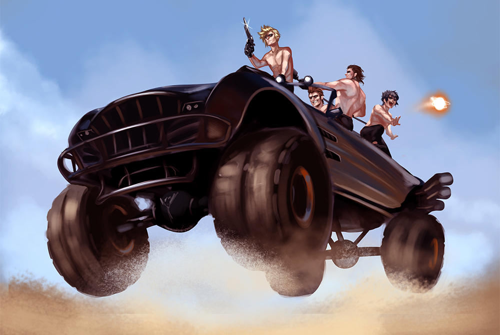 amano-g car driving final_fantasy final_fantasy_xv gladiolus_amicitia ground_vehicle gun handgun ignis_scientia mad_max male_focus motor_vehicle multiple_boys noctis_lucis_caelum parody pistol prompto_argentum shirtless sunglasses weapon