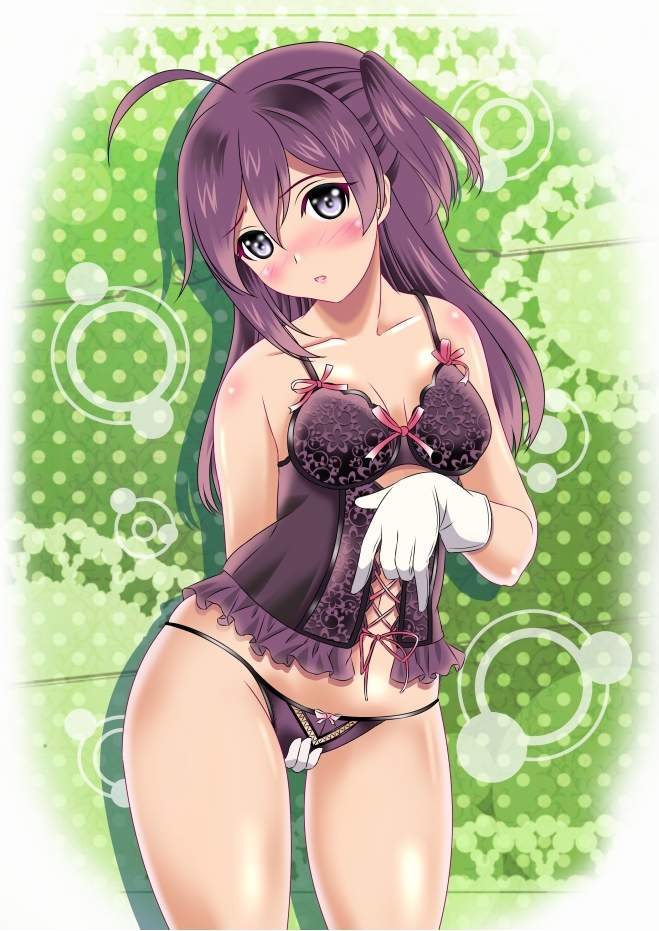 ahoge aka_kitsune blush bra breasts cleavage collarbone commentary_request corset gloves hagikaze_(kantai_collection) hand_on_own_ass kantai_collection long_hair looking_at_viewer one_side_up panties purple_bra purple_hair purple_panties silver_eyes small_breasts solo underwear white_gloves