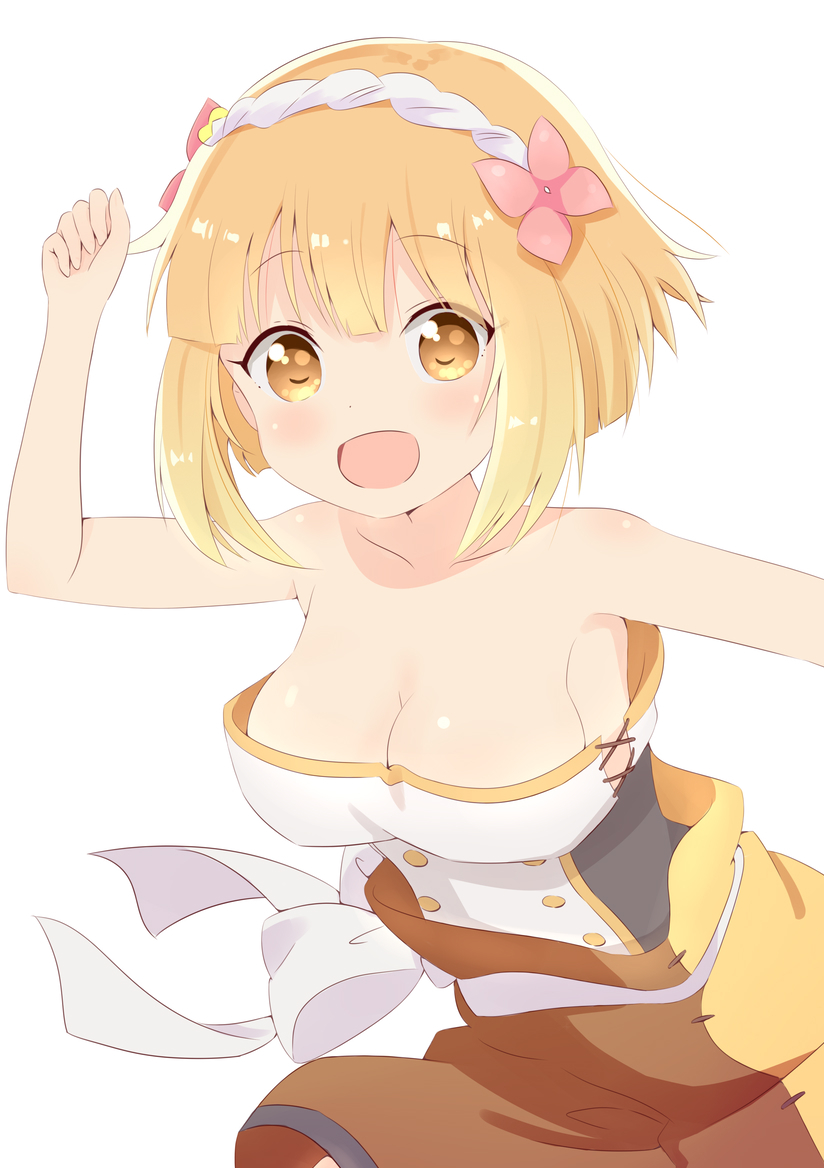 1girl :d arm_up bangs bare_arms bare_shoulders blonde_hair blush breasts brown_eyes brown_shorts cleavage collarbone commentary_request derivative_work endro! eyebrows_visible_through_hair fai_fai flower hair_flower hair_ornament medium_breasts open_mouth pink_flower shirt short_hair shorts simple_background smile solo strapless white_background white_shirt yutsuki_warabi