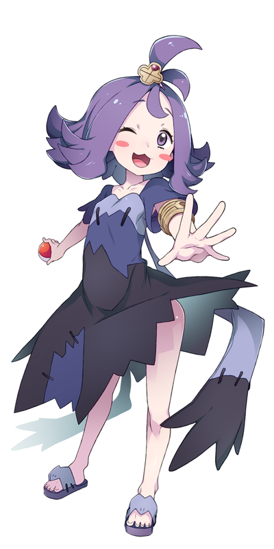 acerola_(pokemon) blush collagen dress hair_ornament multicolored multicolored_clothes multicolored_dress one_eye_closed open_mouth poke_ball pokemon pokemon_(game) pokemon_sm purple_eyes purple_hair simple_background solo stitches topknot torn_clothes torn_dress torn_sleeves white_background