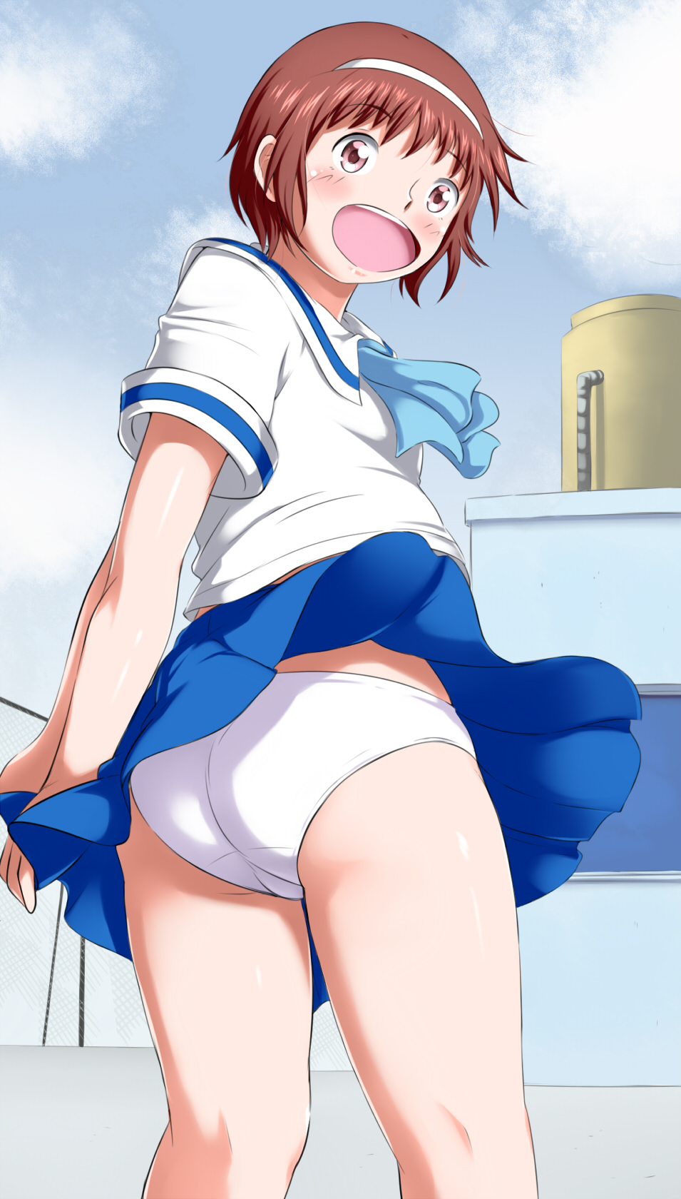 00s 1girl ass blue_sky blush breasts brown_eyes brown_hair cameltoe from_behind from_below hairband konjiki_no_gash!! mizuno_suzume open_mouth panties school_uniform serafuku shiny shiny_hair shiny_skin short_hair skirt small_breasts smile solo underwear upskirt white_panties yomitrooper