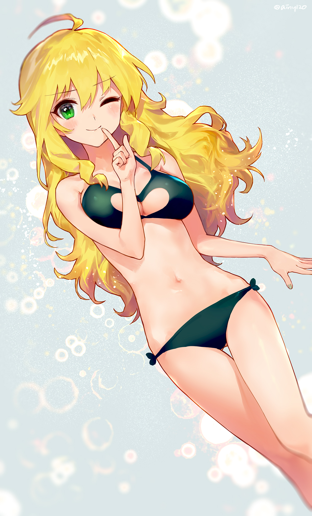 1girl ;) ahoge ainy77 artist_name bangs bare_arms bare_shoulders bikini blonde_hair blush breasts cleavage cleavage_cutout commentary_request eyebrows_visible_through_hair feet_out_of_frame finger_to_mouth green_bikini green_eyes grey_background hair_between_eyes hand_up highres hoshii_miki idolmaster idolmaster_(classic) long_hair looking_at_viewer navel one_eye_closed smile solo stomach swimsuit thighs twitter_username