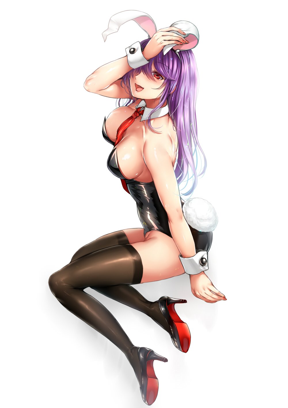 animal_ears banned_artist bare_arms bare_shoulders black_footwear black_legwear black_leotard breasts bunny_ears bunny_tail bunnysuit cleavage detached_collar fake_animal_ears full_body hair_over_one_eye high_heels highres leotard long_hair looking_at_viewer medium_breasts open_mouth purple_hair red_eyes reisen_udongein_inaba shoes sideboob simple_background smile solo tail thighhighs touhou tsukiriran white_background wrist_cuffs