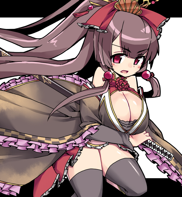 bare_shoulders black_legwear bow breasts brown_hair cleavage hair_bow hair_ornament hairpin hand_on_hilt hibari_(sennen_sensou_aigis) katana large_breasts long_hair nemui_(nemui) red_eyes sennen_sensou_aigis simple_background solo sword thighhighs thighs weapon white_background