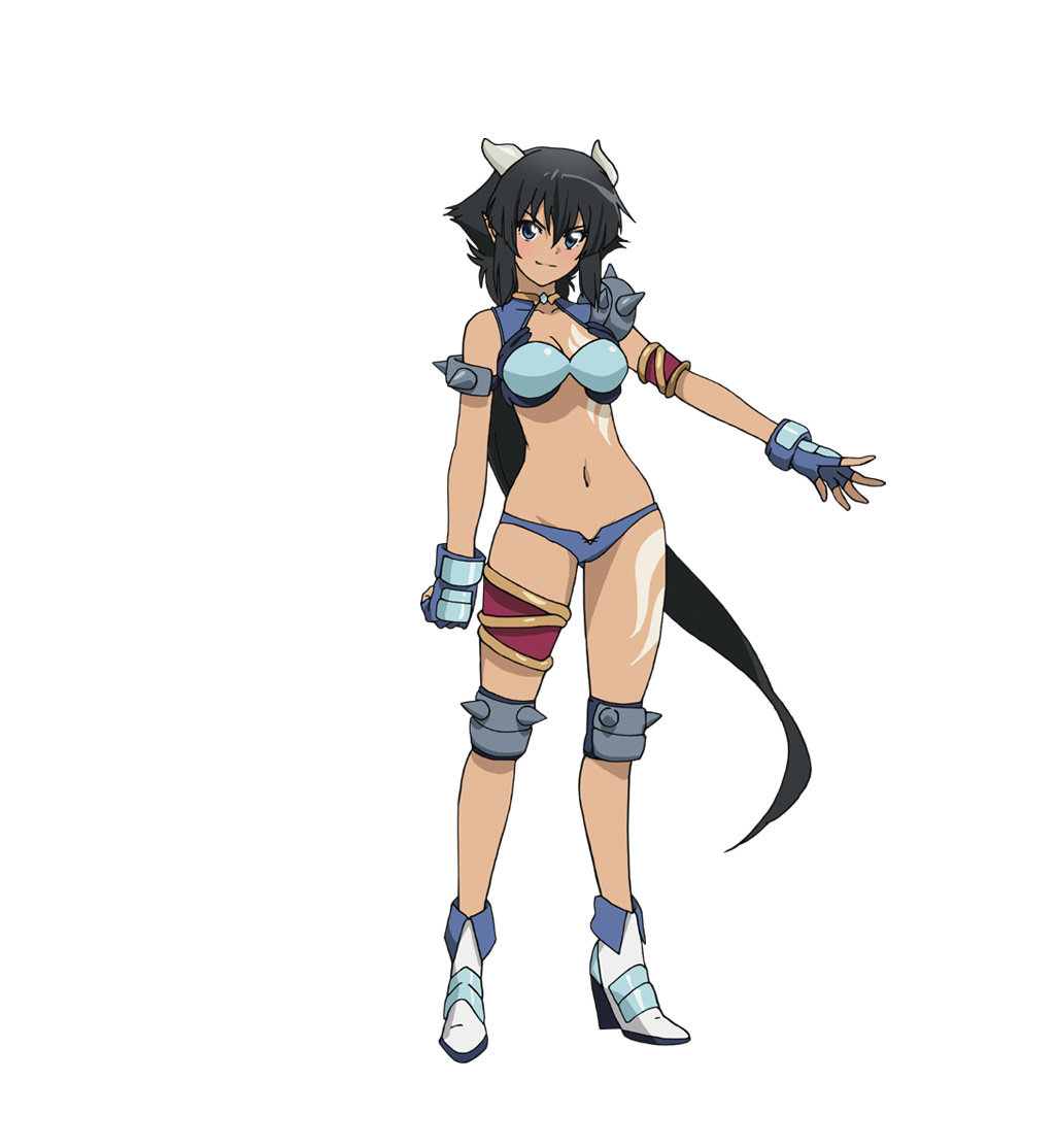 &gt;:) 1girl armlet armor bikini_armor black_hair blue_eyes blue_gloves blue_panties blush boots breasts cleavage collarbone crescent crescent_earrings ear_piercing earrings fingerless_gloves full_body gloves groin hand_on_hip high_heel_boots high_heels jewelry knee_pads long_hair looking_at_viewer low_ponytail medium_breasts mokkei momo_kyun_sword navel oni_horns onihime_(momokyun) panties piercing pointy_ears single_pauldron smile solo stomach tattoo thighlet underwear very_long_hair white_background white_boots