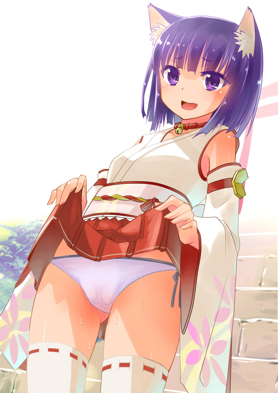 animal_ears bangs blush cat_ears commentary_request cowboy_shot day detached_sleeves hakama_skirt kakuno nontraditional_miko obi open_mouth original outdoors panties pleated_skirt purple_eyes purple_hair red_skirt ribbon-trimmed_legwear ribbon_trim sash short_hair side-tie_panties sidelocks skirt smile solo sweat thighhighs thighs underwear white_legwear white_panties