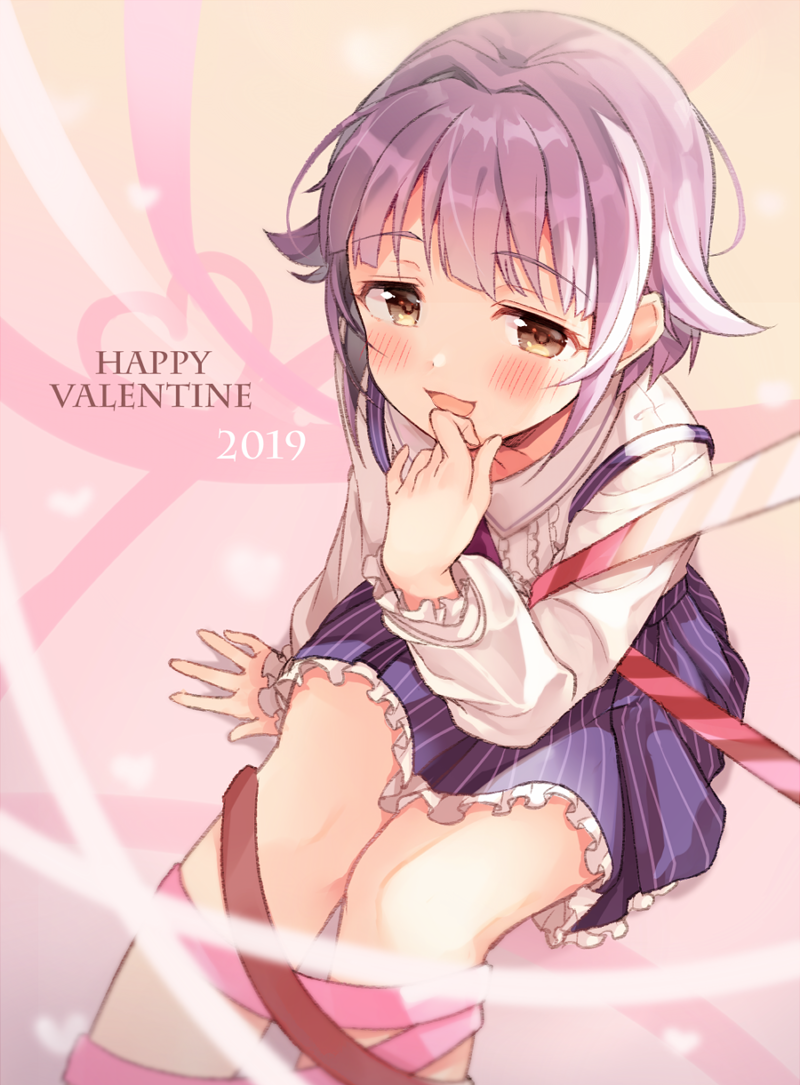 1girl 2019 :3 :d abstract_background arm_support bangs blush bound brown_eyes collared_shirt commentary_request done_kanda dot_nose frilled_skirt frilled_sleeves frills hair_intakes hand_to_own_mouth hand_up happy_valentine idolmaster idolmaster_cinderella_girls idolmaster_cinderella_girls_starlight_stage koshimizu_sachiko lavender_hair long_sleeves looking_at_viewer open_mouth pink_background pinstripe_pattern purple_neckwear ribbon ribbon_bondage shirt short_hair sitting skirt smile solo striped valentine white_shirt
