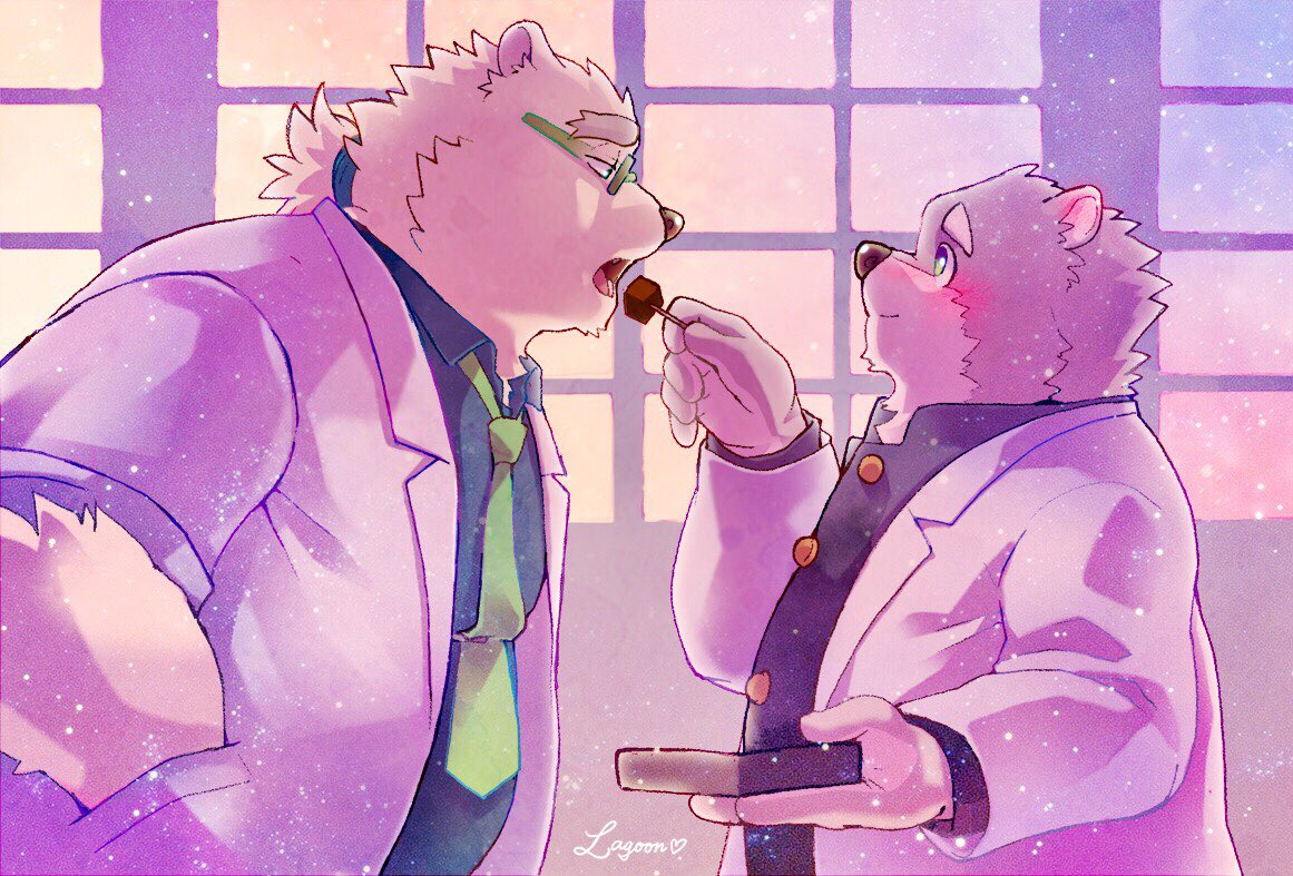 blush candy chocolate detailed_background eyewear feeding food glasses holidays invalid_tag jambavan lab_coat lagoon_bluebear male male/male mammal necktie polar_bear ponytail rave_(tas) romantic slightly_chubby tokyo_afterschool_summoners ursid ursine valentine's_day video_games