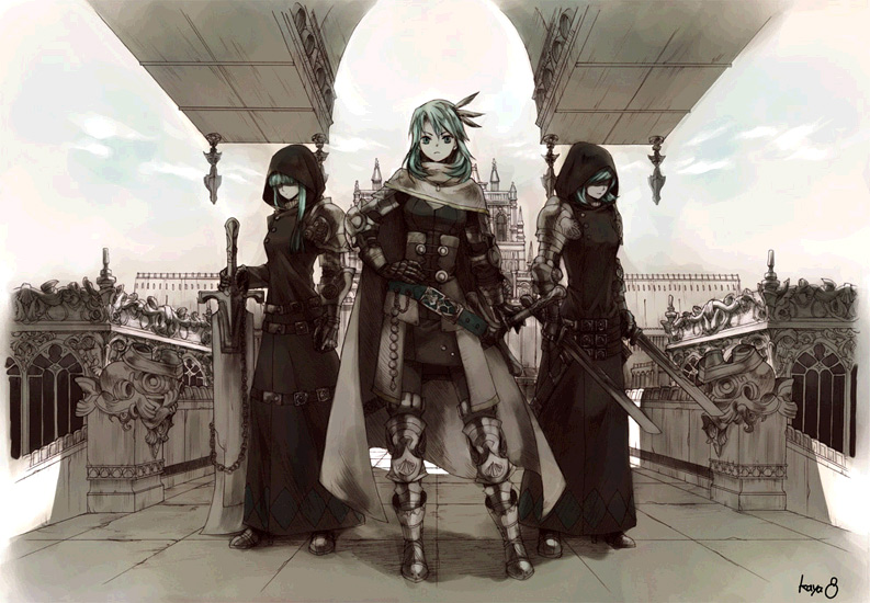 armor artist_name blue_eyes blue_hair closed_mouth day dual_wielding eyebrows_visible_through_hair faceless faceless_female frown hand_on_hip holding holding_sword holding_weapon kaya8 knight looking_at_viewer multiple_girls muted_color outdoors shaded_face short_hair spectral_(series) spectral_force sword weapon