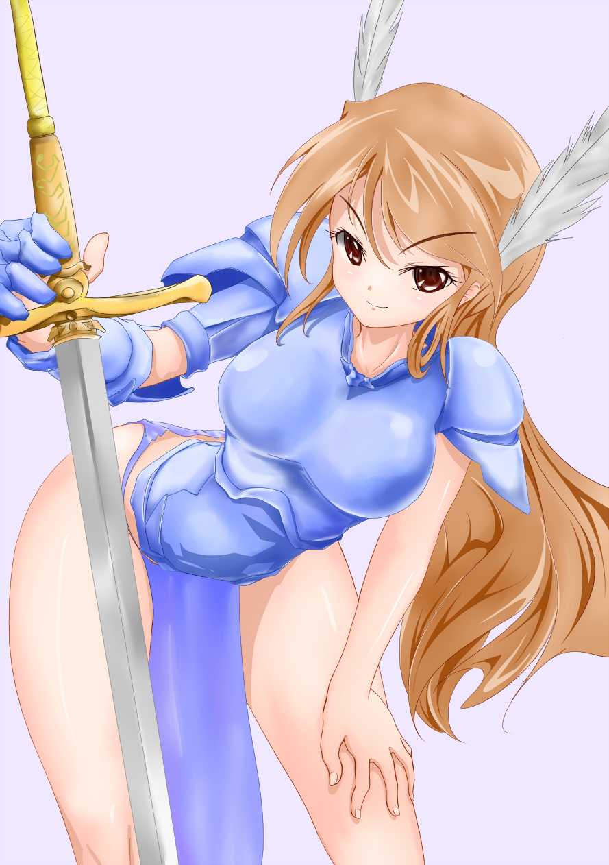 akainan_(go5441) alive armor bent_over breasts brown_eyes brown_hair closed_mouth commentary_request eyebrows_visible_through_hair gauntlets head_wings highres holding holding_sword holding_weapon large_breasts long_hair looking_at_viewer monster_girl pauldrons pelvic_curtain romancing_saga_3 saga smile solo sword very_long_hair weapon