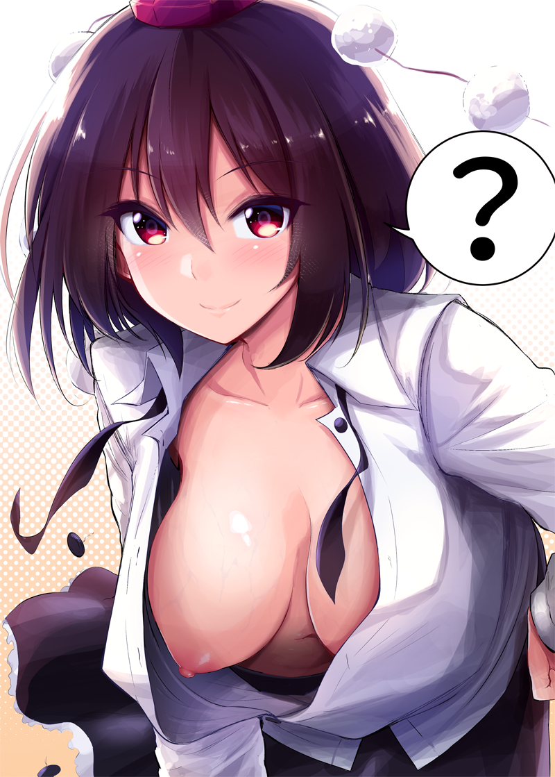 ? bangs black_hair black_skirt blush breasts brown_eyes buttons chipa_(arutana) closed_mouth collared_shirt commentary_request downblouse extended_downblouse eyebrows_visible_through_hair hair_between_eyes hand_on_hip hat large_breasts leaning_forward long_sleeves looking_at_viewer navel nipples no_bra pom_pom_(clothes) popped_button puffy_nipples shameimaru_aya shirt short_hair skirt smile solo spoken_question_mark tokin_hat touhou unbuttoned unbuttoned_shirt upper_body veiny_breasts wardrobe_malfunction white_shirt