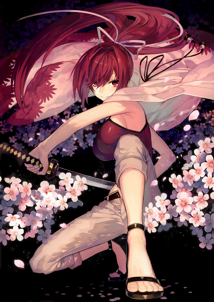 belt breasts camisole flower hair_intakes hair_ribbon high_heels holding holding_sword holding_weapon katana large_breasts long_hair looking_at_viewer pants petals ponytail red_eyes ribbon sandals sheath smile solo suzunashi sword under_night_in-birth unsheathing weapon white_pants yuzuriha_(under_night_in-birth)