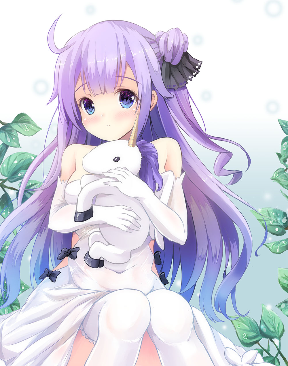 azur_lane bangs bare_shoulders black_bow black_ribbon blush bow breasts closed_mouth commentary_request dew_drop dress elbow_gloves eyebrows_visible_through_hair gloves hair_bun hair_ribbon highres leaf long_hair looking_at_viewer medium_breasts object_hug one_side_up partial_commentary purple_eyes purple_hair ribbon side_bun sidelocks sitting solo stuffed_alicorn stuffed_animal stuffed_toy suzuta_yume thighhighs unicorn_(azur_lane) very_long_hair water_drop white_background white_dress white_gloves white_legwear