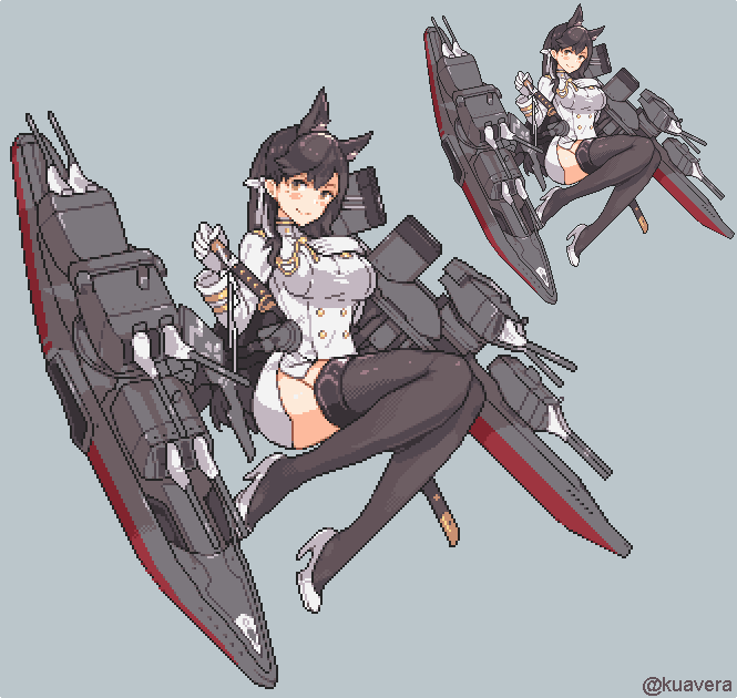aiguillette animal_ears atago_(azur_lane) azur_lane bangs black_legwear blush_stickers breasts closed_mouth double-breasted extra_ears full_body gloves hair_ribbon hand_on_own_chest high_heels invisible_chair katana kuavera large_breasts long_hair long_sleeves machinery military military_uniform miniskirt pixel_art ribbon sheath sheathed sitting skirt smile solo sword thighhighs turret twitter_username uniform very_long_hair weapon weapon_on_back white_footwear white_gloves white_ribbon white_skirt zettai_ryouiki zoom_layer