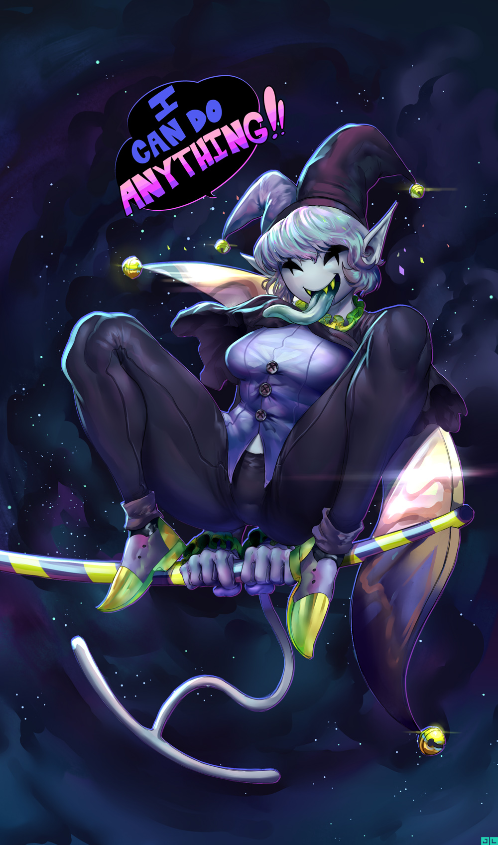 2018 clothed clothing clown darkner deltarune digital_media_(artwork) female hair hi_res humanoid jevil_(deltarune) jlullaby long_tongue open_mouth solo spreading teeth text tongue tongue_out video_games