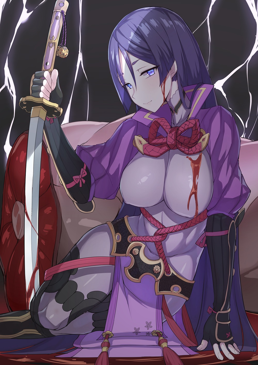 bangs blood bodysuit breasts commentary_request fate/grand_order fate_(series) fingerless_gloves gloves highres holding holding_sword holding_weapon k_jin katana large_breasts long_hair looking_at_viewer minamoto_no_raikou_(fate/grand_order) purple_eyes purple_hair ribbed_sleeves sitting solo sword very_long_hair weapon