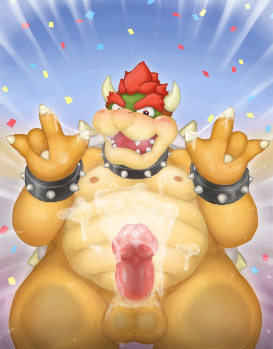 2017 anthro balls belly better_version_at_source big_belly blue_eyes blush bowser censor_bar censored claws clothing collar confetti cum cum_on_hand cum_on_self cum_on_stomach erection facial_hair green_scales horn humanoid_penis koopa male mario_bros mustache nintendo nipples nude open_mouth penis presenting reptile reuben_(artist) scales scalie shirt smile solo spiked_armlet spiked_collar spikes standing video_games yellow_scales