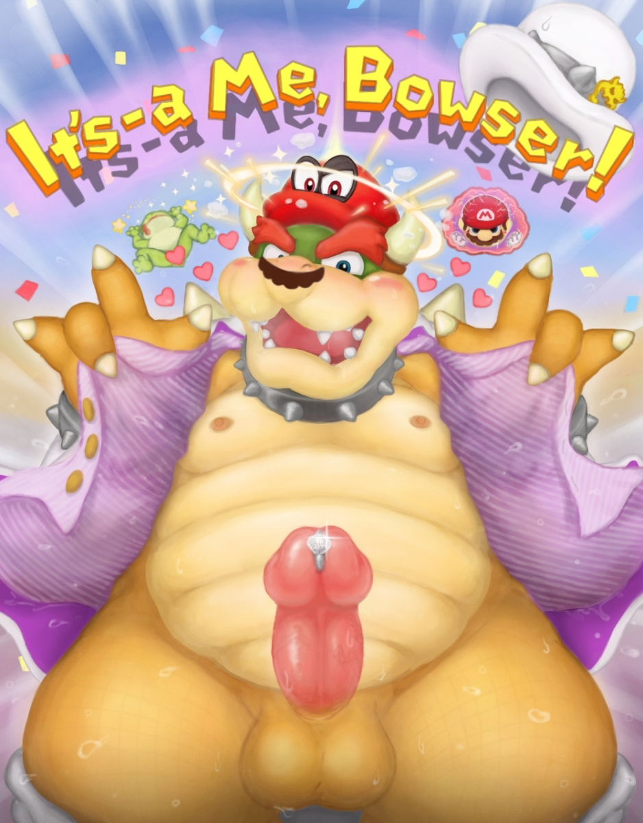 &lt;3 2017 amphibian anthro balls belly better_version_at_source big_belly blue_eyes blush bottomless bowser cappy_(mario) censor_bar censored claws clothed clothing collar confetti cum edit erection facial_hair flashing frog green_scales hat horn humanoid_penis koopa male mario mario_bros mustache nintendo nipples open_mouth open_shirt penis possession precum presenting reptile reuben_(artist) scales scalie shirt smile solo spiked_armlet spiked_collar spikes standing undressing video_games yellow_scales