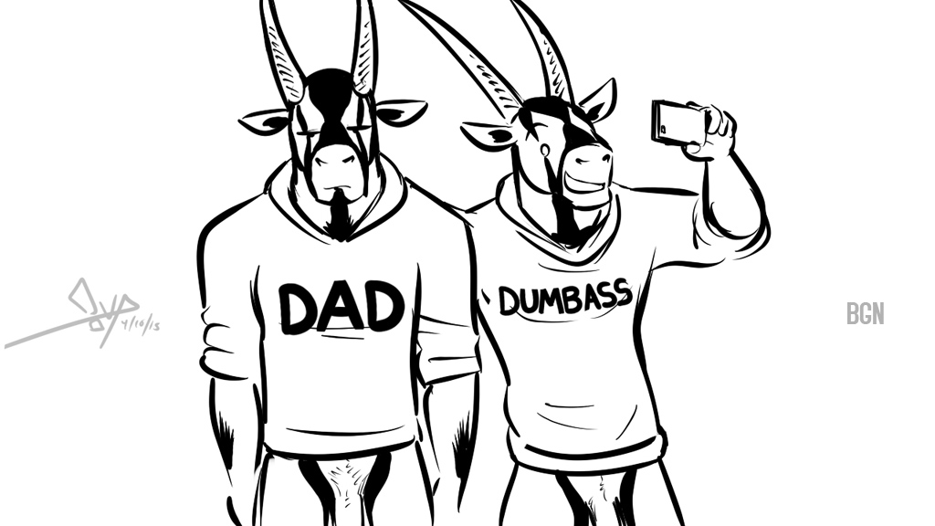 2015 antelope anthro bgn black_and_white bottomless cellphone clothed clothing digital_media_(artwork) duo english_text father father_and_son flaccid front_view grumpy holding_object holding_phone horn jamie_the_oryx looking_at_viewer male mammal monochrome oryx parent penis phone selfie signature simple_background smile son standing text white_background