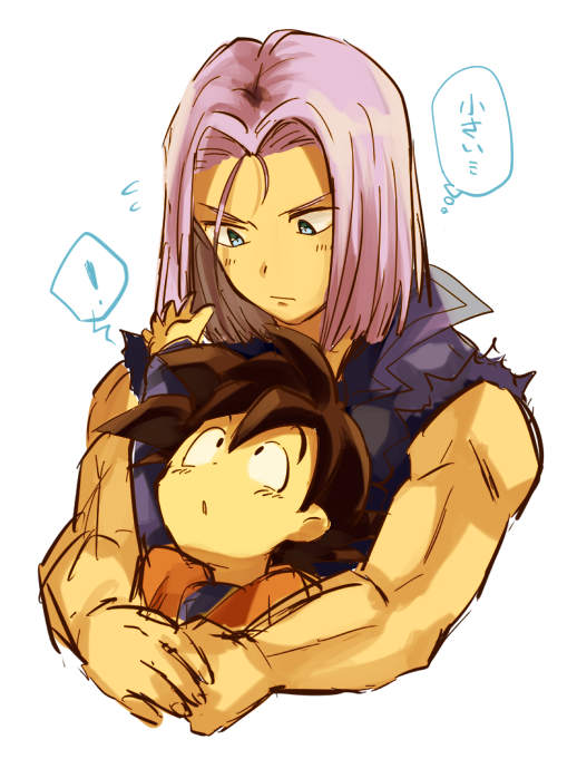 2boys :o bare_arms black_eyes black_hair blue_eyes denim denim_jacket dougi dragon_ball dragon_ball_z expressionless hug hug_from_behind long_sleeves looking_down looking_up male_focus multiple_boys neko_ni_chikyuu nervous open_mouth purple_hair short_hair simple_background sketch sleeveless son_goten speech_bubble spiked_hair sweatdrop thought_bubble translated trunks_(dragon_ball) white_background