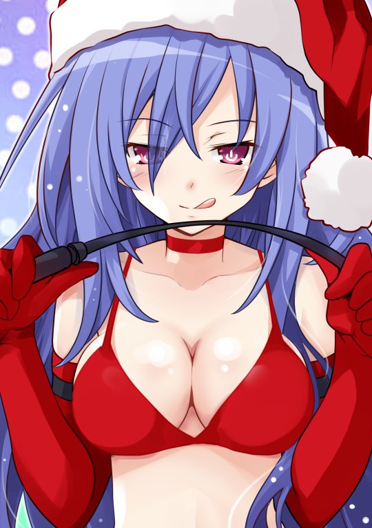 1girl blue_hair blush breasts christmas elbow_gloves eyebrows_visible_through_hair gloves hat holding iris_heart iwasi-r kami_jigen_game_neptune_v large_breasts licking_lips long_hair looking_at_viewer neptune_(series) power_symbol purple_eyes riding_crop santa_costume santa_hat smile solo symbol-shaped_pupils tongue tongue_out upper_body