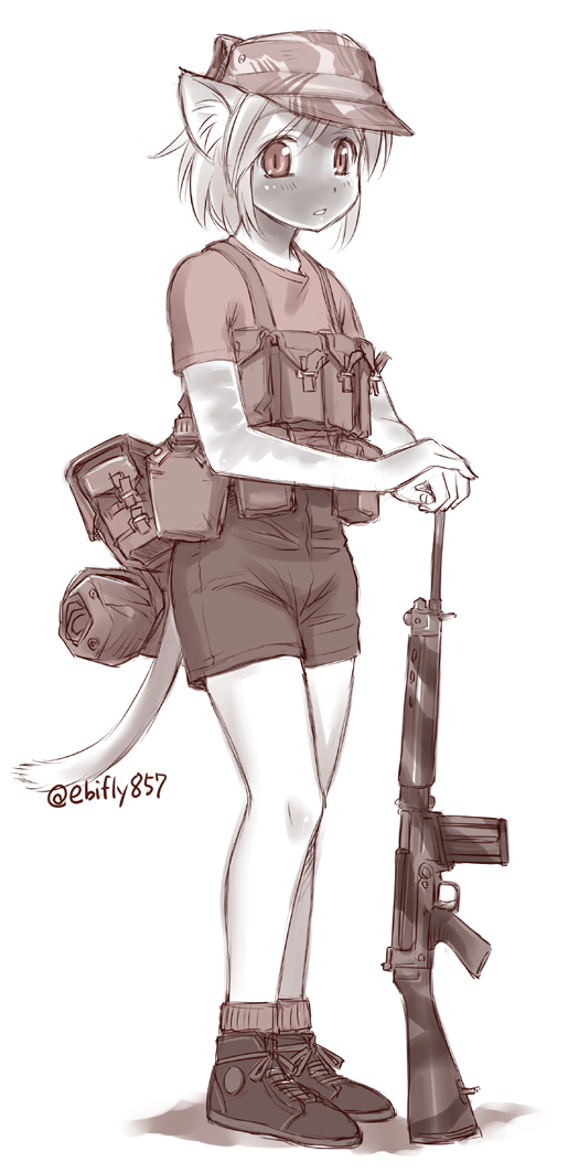 1girl animal_ears assault_rifle backpack bag boots cat_ears cat_tail ebifly facepaint from_side greyscale gun hat holding holding_gun holding_weapon looking_at_viewer military military_uniform monochrome original parted_lips pouch rifle shirt shoes short_hair short_sleeves shorts simple_background socks solo standing tail twitter_username uniform weapon white_background