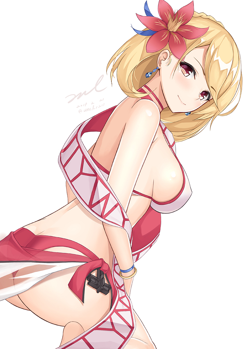 1girl ass azur_lane bangle bare_arms bare_shoulders barefoot bikini blonde_hair blush bracelet breasts choker closed_mouth earrings flower from_side hair_flower hair_ornament jewelry large_breasts looking_at_viewer looking_back mismatched_bikini prince_of_wales_(azur_lane) red_bikini_bottom red_choker red_eyes red_flower sarong shawl short_hair sideboob simple_background sitting smile solo swimsuit thighs unel wariza white_background white_bikini_top wristband