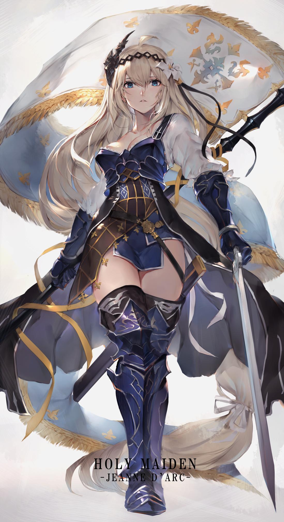 1girl armor battle_standard belt black_legwear blonde_hair blue_armor blue_eyes breasts character_name cleavage collarbone dual_wielding flag flower gauntlets granblue_fantasy greaves hair_flower hair_ornament hair_ribbon hairband highres holding jeanne_d'arc_(granblue_fantasy) long_hair looking_at_viewer oyu_(sijimisizimi) parted_lips ribbon shirt single_bare_shoulder solo sword thighhighs thighs very_long_hair weapon white_shirt