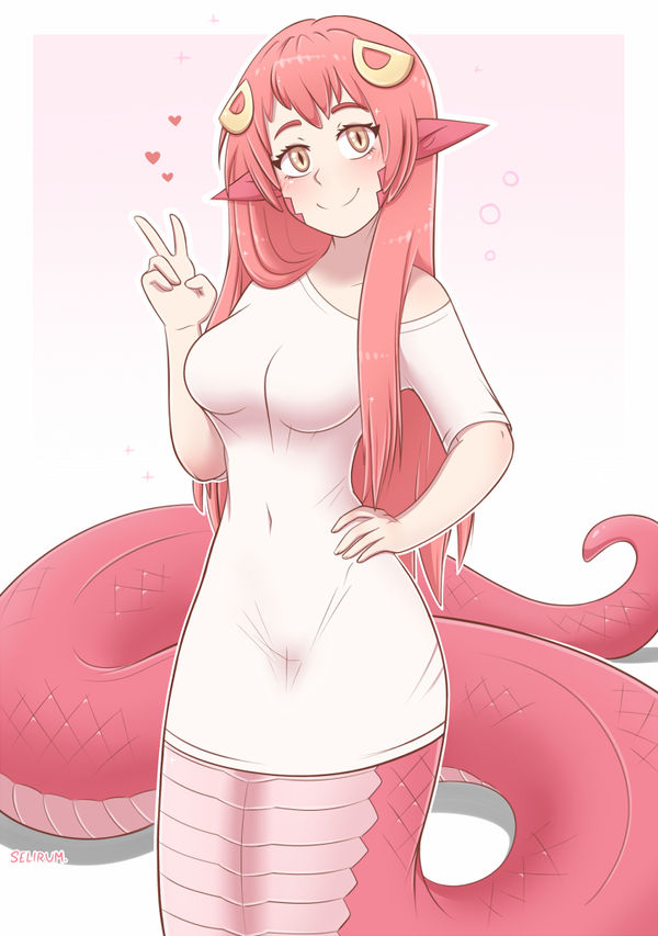 1girl breasts cleavage commission hair_between_eyes lamia large_breasts long_hair looking_at_viewer miia_(monster_musume) monster_girl monster_musume_no_iru_nichijou peace_sign pointy_ears red_hair scales selirum shirt smile snake_tail solo strapless tail white_shirt yellow_eyes