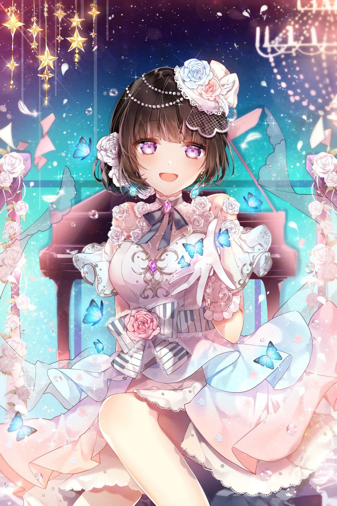 :d bang_dream! bangs black_hair blush bug butterfly dress flower hair_flower hair_ornament highres insect instrument open_mouth outstretched_hand piano purple_eyes ribbon shirokane_rinko smile taya_5323203